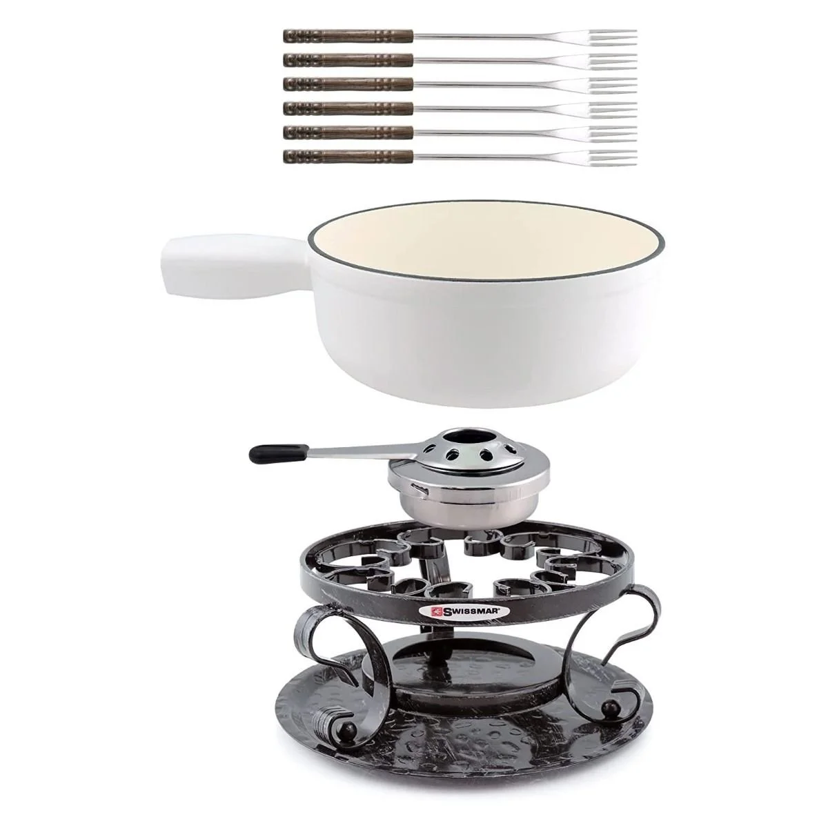 Swissmar Lugano 9-Piece Cast Iron Fondue Set | Matte White 4 Swissmar Lugano 9-Piece Cast Iron Fondue Set | Matte White - Image 2