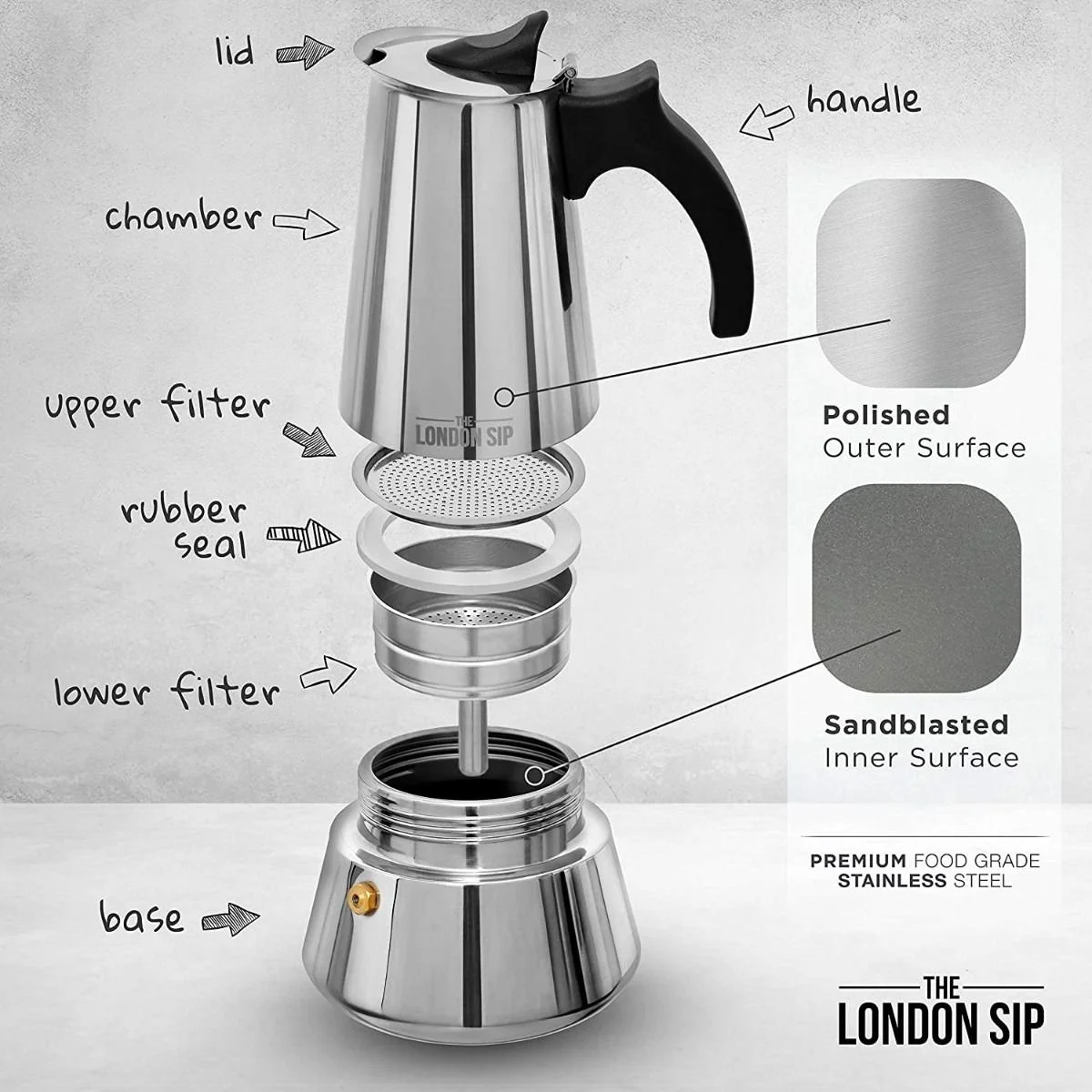 Escali London Sip 3 Cup Stainless Steel Espresso Maker | Silver 4 Escali London Sip 3 Cup Stainless Steel Espresso Maker | Silver - Image 2