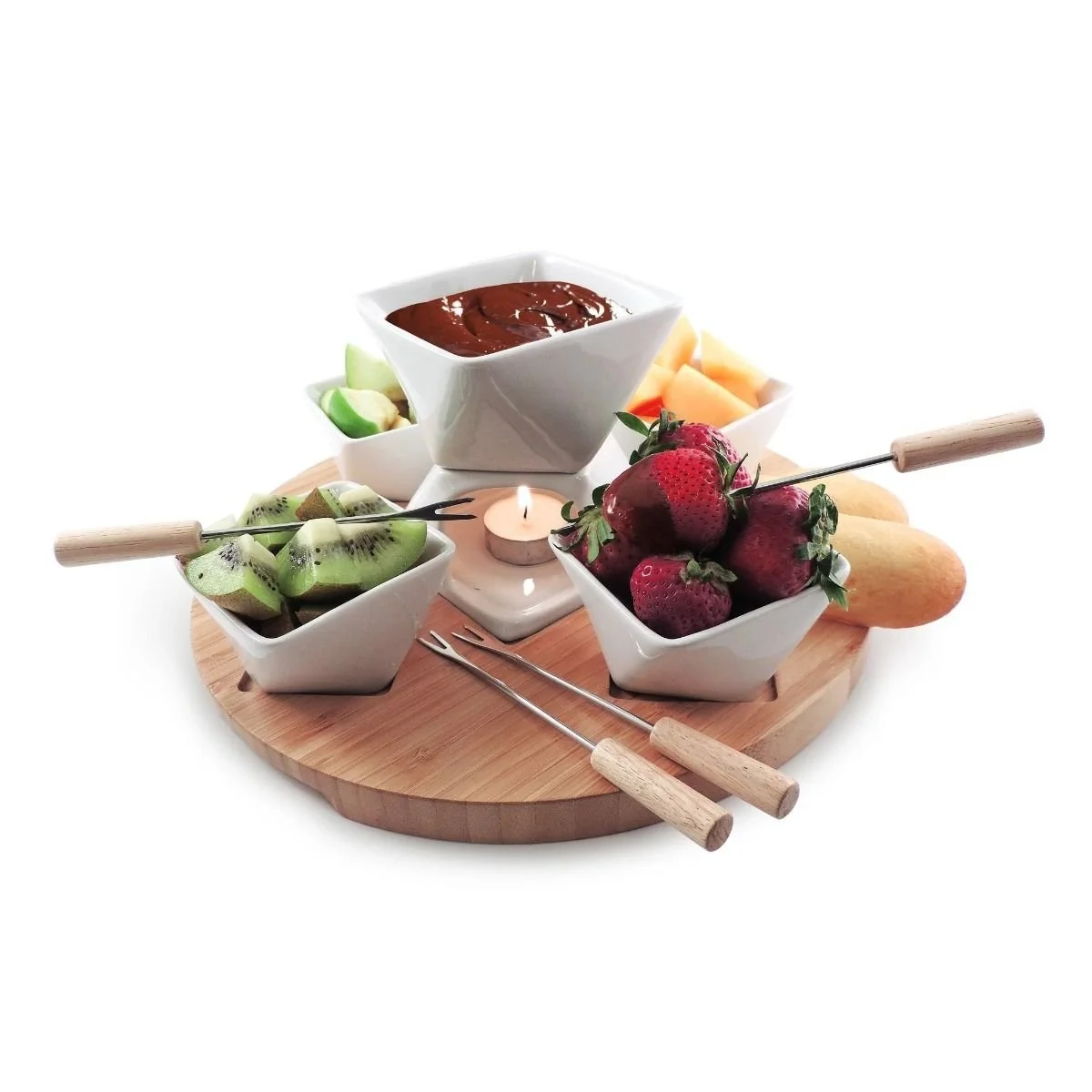Swissmar Rubik 12-Piece Fondue Set | White With Wood Base 4 Swissmar Rubik 12-Piece Fondue Set | White With Wood Base - Image 2