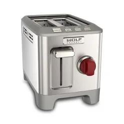 Wolf Gourmet 2-Slice Toaster | Red Knobs -Deals Coffee & Espresso Store wgtr102s angled